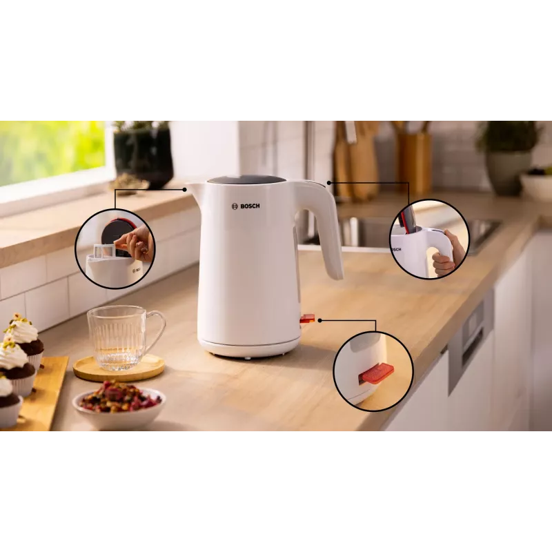 Bosch TWK2M161 hervidor de agua, 1,7 l, 2400 W, blanco, carcasa de plástico, base 360°