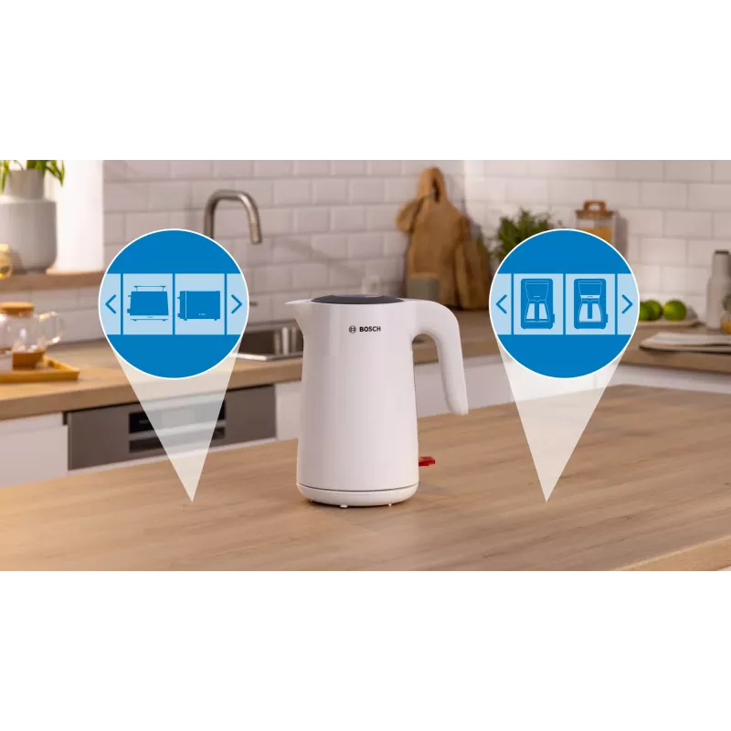 Bosch TWK2M161 hervidor de agua, 1,7 l, 2400 W, blanco, carcasa de plástico, base 360°