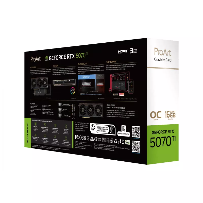Tarjeta gráfica ASUS ProArt GeForce RTX 5070 Ti 16GB GDDR7, PCIe 5.0, 256-Bit, 304mm, 3 Ventiladores