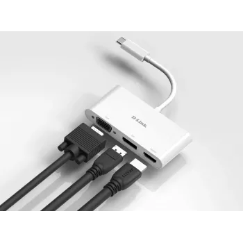 D-Link Adaptador 3 en 1 USB-C a HDMI/VGA/DisplayPort, con cable, USB 3.2 Gen 1 (3.1 Gen 1) Type-C, blanco, CE, FCC, IC, RCM, DC, 0.04 A