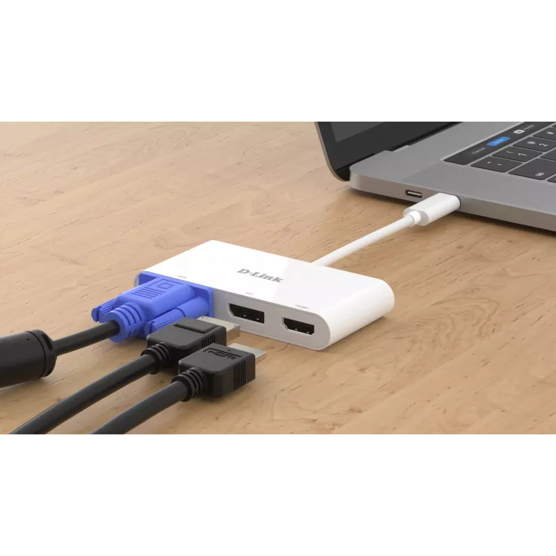 D-Link Adaptador 3 en 1 USB-C a HDMI/VGA/DisplayPort, con cable, USB 3.2 Gen 1 (3.1 Gen 1) Type-C, blanco, CE, FCC, IC, RCM, DC, 0.04 A