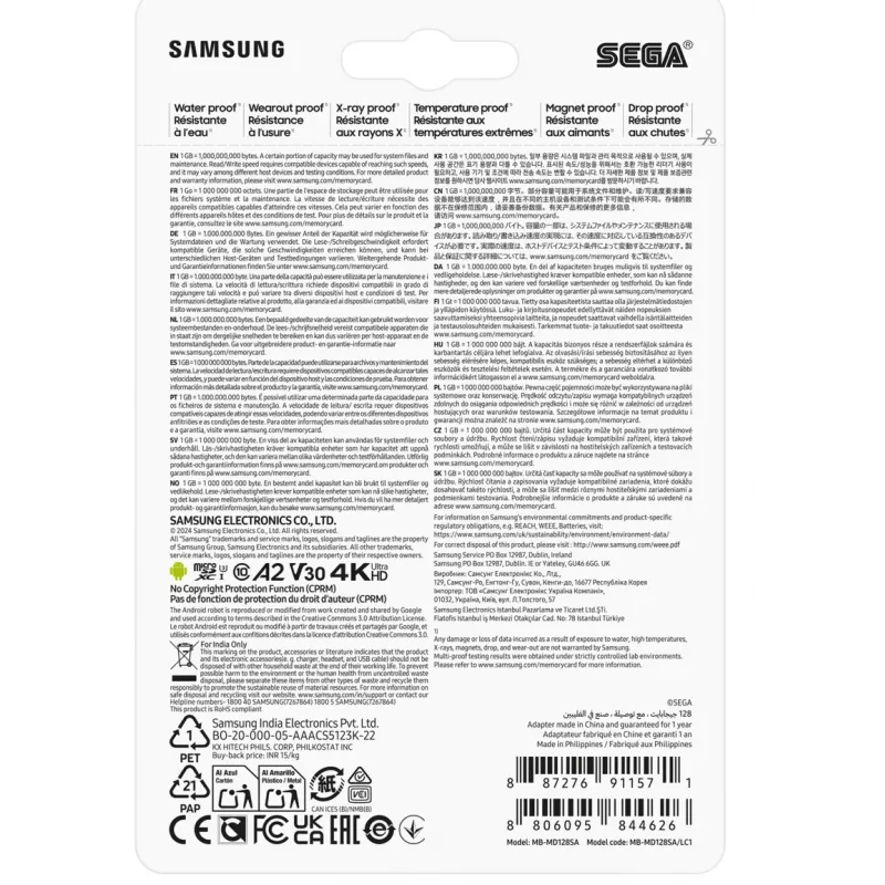 Tarjeta de memoria MicroSDXC Samsung MB-MD128S, 128 GB, UHS-I, Class 10, U3, Lectura hasta 180 MB/s, Escritura 130 MB/s
