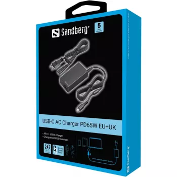 Sandberg Cargador de CA USB-C PD65W EU+UK, universal, interior, 230 V, 65 W, AC a DC, negro