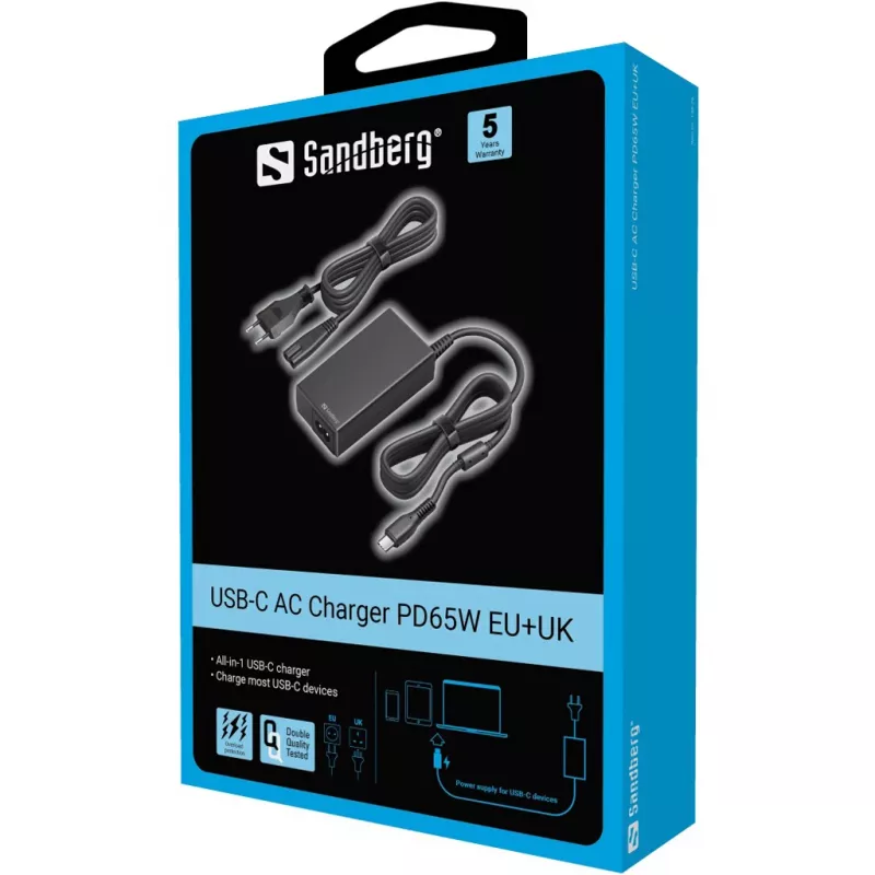 Sandberg 135-76 cargador de CA USB-C PD65W EU+UK, 65 W, 3,25 A, 100-240 V, cable de 1,8 m