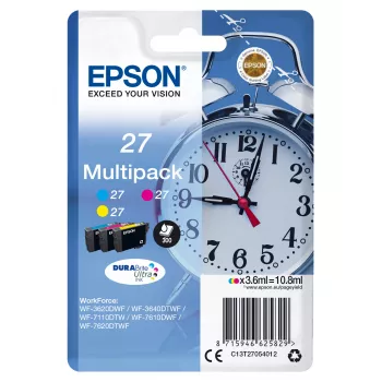 Epson Alarm clock Multipack 3 colores 27 tinta DURABrite Ultra, rendimiento estándar, cian, magenta, amarillo, tinta pigmentada, 3,6 ml, 1 ud., multipack