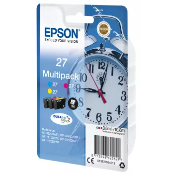 Epson Alarm clock Multipack 3 colores 27 tinta DURABrite Ultra, rendimiento estándar, cian, magenta, amarillo, tinta pigmentada, 3,6 ml, 1 ud., multipack