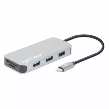 Manhattan dock/hub USB-C con lector de tarjetas, conexiones (x6): Ethernet, HDMI, USB-A (x3) y USB-C, con Power Delivery (100 W) en el puerto USB-C (nota: se requiere fuente de alimentación USB-C y cable USB-C adicionales), universal para todos los dispositivos, cable 15 cm, aluminio, plata