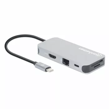 Manhattan dock/hub USB-C con lector de tarjetas, conexiones (x6): Ethernet, HDMI, USB-A (x3) y USB-C, con Power Delivery (100 W) en el puerto USB-C (nota: se requiere fuente de alimentación USB-C y cable USB-C adicionales), universal para todos los dispositivos, cable 15 cm, aluminio, plata