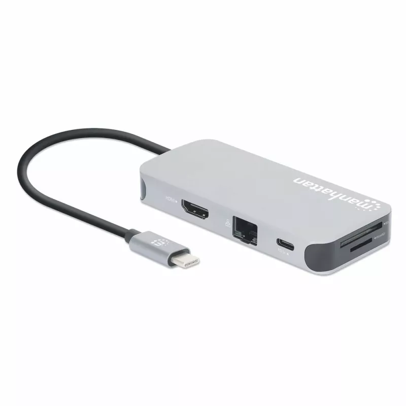Manhattan dock/hub USB-C con lector de tarjetas, conexiones (x6): Ethernet, HDMI, USB-A (x3) y USB-C, con Power Delivery (100 W) en el puerto USB-C (nota: se requiere fuente de alimentación USB-C y cable USB-C adicionales), universal para todos los dispositivos, cable 15 cm, aluminio, plata