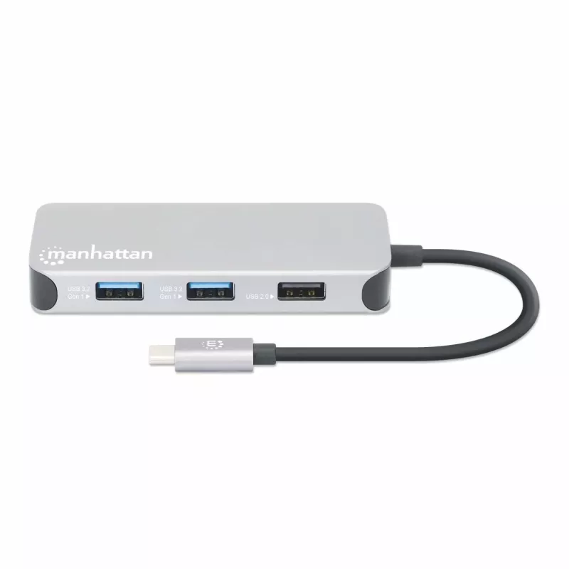 Manhattan dock/hub USB-C con lector de tarjetas, conexiones (x6): Ethernet, HDMI, USB-A (x3) y USB-C, con Power Delivery (100 W) en el puerto USB-C (nota: se requiere fuente de alimentación USB-C y cable USB-C adicionales), universal para todos los dispositivos, cable 15 cm, aluminio, plata