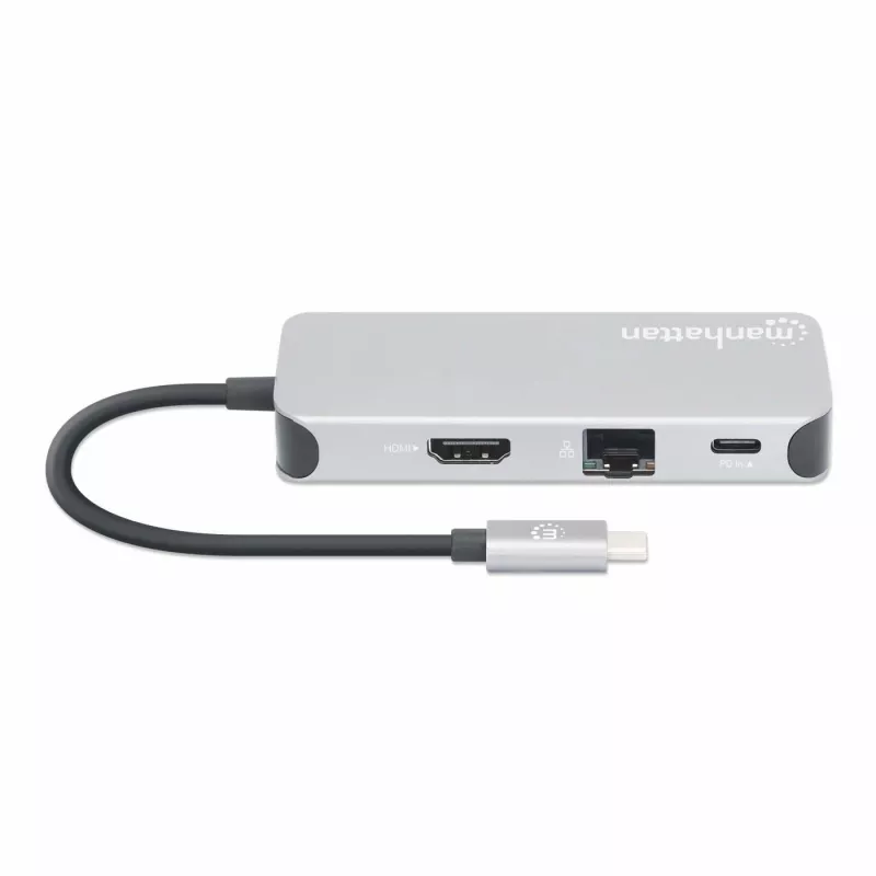 Manhattan dock/hub USB-C con lector de tarjetas, conexiones (x6): Ethernet, HDMI, USB-A (x3) y USB-C, con Power Delivery (100 W) en el puerto USB-C (nota: se requiere fuente de alimentación USB-C y cable USB-C adicionales), universal para todos los dispositivos, cable 15 cm, aluminio, plata