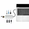 Manhattan dock/hub USB-C con lector de tarjetas, conexiones (x6): Ethernet, HDMI, USB-A (x3) y USB-C, con Power Delivery (100 W) en el puerto USB-C (nota: se requiere fuente de alimentación USB-C y cable USB-C adicionales), universal para todos los dispositivos, cable 15 cm, aluminio, plata