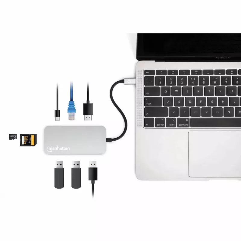 Manhattan dock/hub USB-C con lector de tarjetas, conexiones (x6): Ethernet, HDMI, USB-A (x3) y USB-C, con Power Delivery (100 W) en el puerto USB-C (nota: se requiere fuente de alimentación USB-C y cable USB-C adicionales), universal para todos los dispositivos, cable 15 cm, aluminio, plata