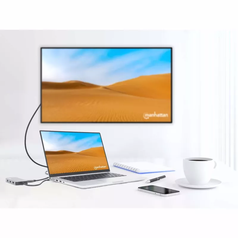 Manhattan dock/hub USB-C con lector de tarjetas, conexiones (x6): Ethernet, HDMI, USB-A (x3) y USB-C, con Power Delivery (100 W) en el puerto USB-C (nota: se requiere fuente de alimentación USB-C y cable USB-C adicionales), universal para todos los dispositivos, cable 15 cm, aluminio, plata