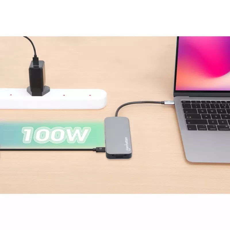 Manhattan dock/hub USB-C con lector de tarjetas, conexiones (x6): Ethernet, HDMI, USB-A (x3) y USB-C, con Power Delivery (100 W) en el puerto USB-C (nota: se requiere fuente de alimentación USB-C y cable USB-C adicionales), universal para todos los dispositivos, cable 15 cm, aluminio, plata