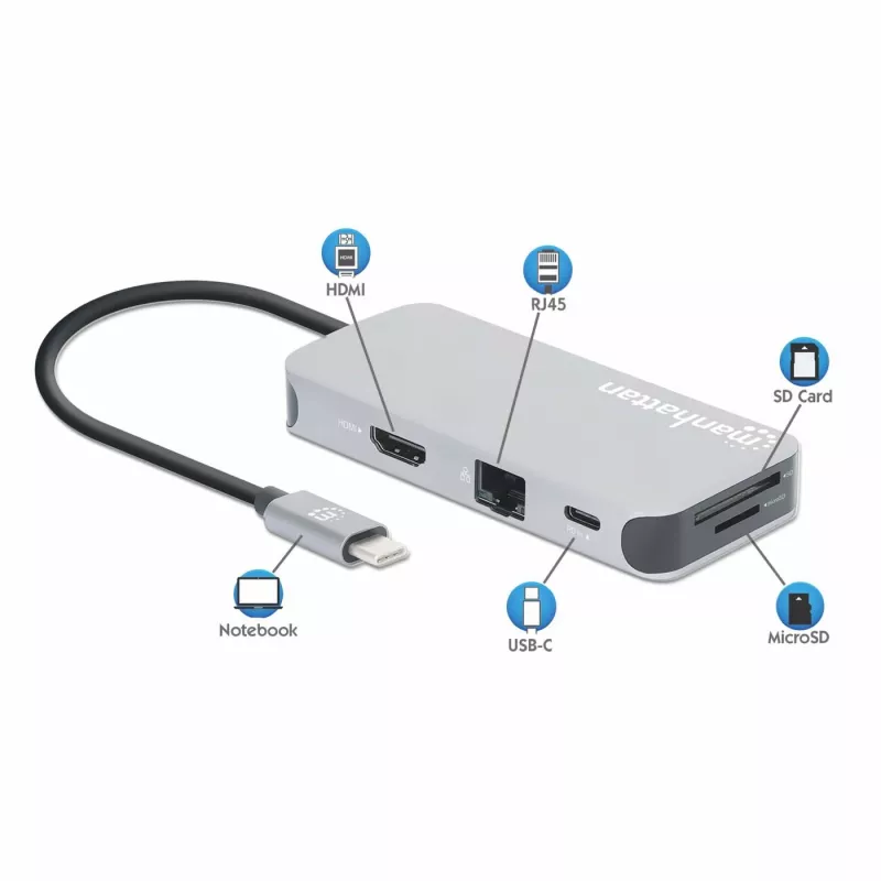 Manhattan dock/hub USB-C con lector de tarjetas, conexiones (x6): Ethernet, HDMI, USB-A (x3) y USB-C, con Power Delivery (100 W) en el puerto USB-C (nota: se requiere fuente de alimentación USB-C y cable USB-C adicionales), universal para todos los dispositivos, cable 15 cm, aluminio, plata