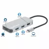 Manhattan dock/hub USB-C con lector de tarjetas, conexiones (x6): Ethernet, HDMI, USB-A (x3) y USB-C, con Power Delivery (100 W) en el puerto USB-C (nota: se requiere fuente de alimentación USB-C y cable USB-C adicionales), universal para todos los dispositivos, cable 15 cm, aluminio, plata