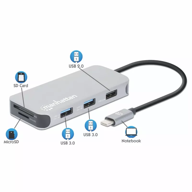 Manhattan dock/hub USB-C con lector de tarjetas, conexiones (x6): Ethernet, HDMI, USB-A (x3) y USB-C, con Power Delivery (100 W) en el puerto USB-C (nota: se requiere fuente de alimentación USB-C y cable USB-C adicionales), universal para todos los dispositivos, cable 15 cm, aluminio, plata