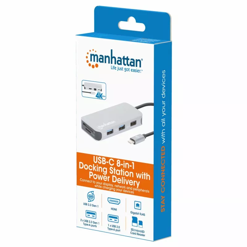 Manhattan dock/hub USB-C con lector de tarjetas, conexiones (x6): Ethernet, HDMI, USB-A (x3) y USB-C, con Power Delivery (100 W) en el puerto USB-C (nota: se requiere fuente de alimentación USB-C y cable USB-C adicionales), universal para todos los dispositivos, cable 15 cm, aluminio, plata