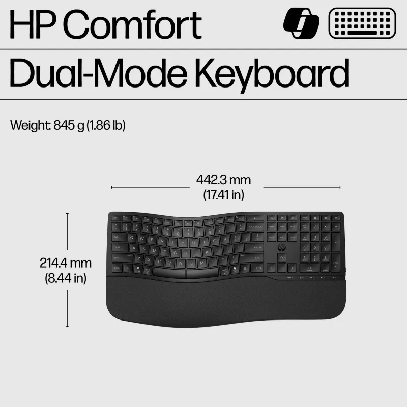 Teclado HP 685 Comfort Dual-Mode 8T6L9UT#ABB, inalámbrico 2,4 GHz, multidispositivo, 23 teclas programables, tamaño completo, QWERTY inglés internacional, negro