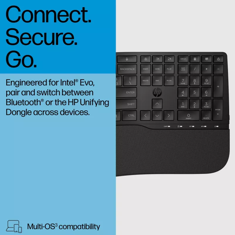 Teclado HP 685 Comfort Dual-Mode 8T6L9UT#ABB, inalámbrico 2,4 GHz, multidispositivo, 23 teclas programables, tamaño completo, QWERTY inglés internacional, negro
