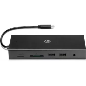 Hub multipuerto USB-C HP Travel – HP 1C1Y5AA, host USB-C, HDMI 2.0, VGA, 1×RJ-45, 2×USB-A 3.2 Gen1, 2×USB 2.0, lector de tarjetas MicroSD, Negro