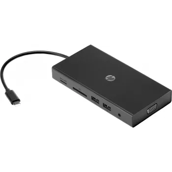 Hub multipuerto USB-C HP Travel – HP 1C1Y5AA, host USB-C, HDMI 2.0, VGA, 1×RJ-45, 2×USB-A 3.2 Gen1, 2×USB 2.0, lector de tarjetas MicroSD, Negro