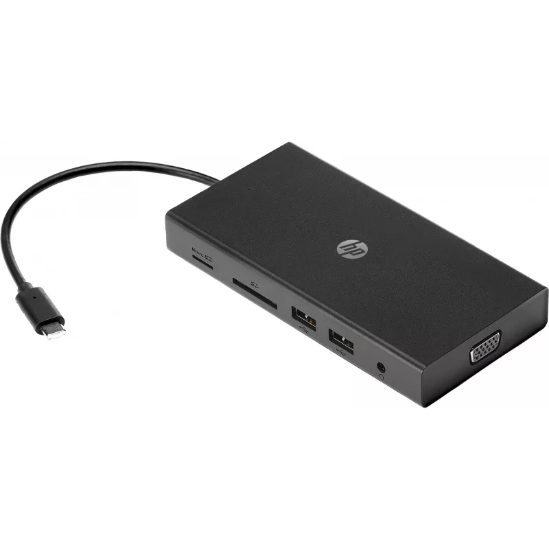 Hub multipuerto USB-C HP Travel – HP 1C1Y5AA, host USB-C, HDMI 2.0, VGA, 1×RJ-45, 2×USB-A 3.2 Gen1, 2×USB 2.0, lector de tarjetas MicroSD, Negro