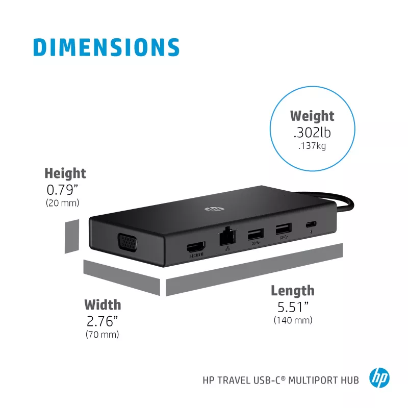 Hub multipuerto USB-C HP Travel – HP 1C1Y5AA, host USB-C, HDMI 2.0, VGA, 1×RJ-45, 2×USB-A 3.2 Gen1, 2×USB 2.0, lector de tarjetas MicroSD, Negro