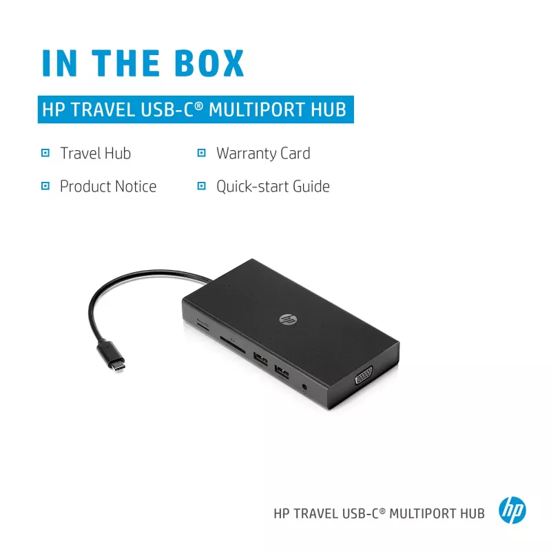 Hub multipuerto USB-C HP Travel – HP 1C1Y5AA, host USB-C, HDMI 2.0, VGA, 1×RJ-45, 2×USB-A 3.2 Gen1, 2×USB 2.0, lector de tarjetas MicroSD, Negro