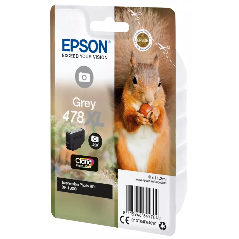 Epson Squirrel Singlepack Grey 478XL Claria Photo HD Ink, High (XL) Yield, Grey, Dye-based ink, 11,2 ml, 1 ud., 200 páginas