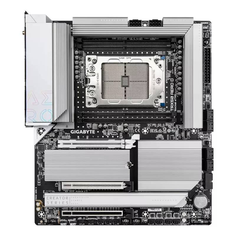 Placa base GIGABYTE TRX50 AERO D - Compatible con CPUs AMD Ryzen Threadripper serie 9000, VRM digital de 16+8+4 fases, hasta 7800 MHz DDR5 (OC), 3xPCIe 5.0 + 1xPCIe 4.0 M.2, Wi-Fi 7, LAN 10GbE, USB4
