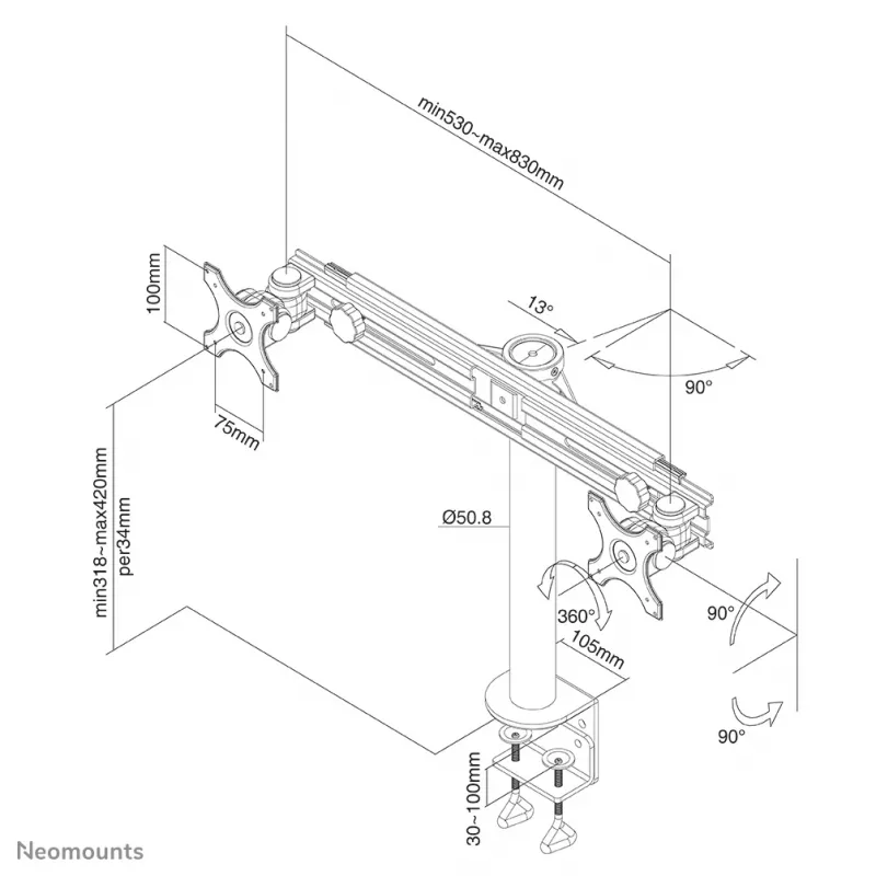 Neomounts FPMA-D700D Brazo para monitor 19-30 inch, fijación por pinza, 8 kg, 48,3 cm (19 inch), 76,2 cm (30 inch), 100 x 100 mm, negro