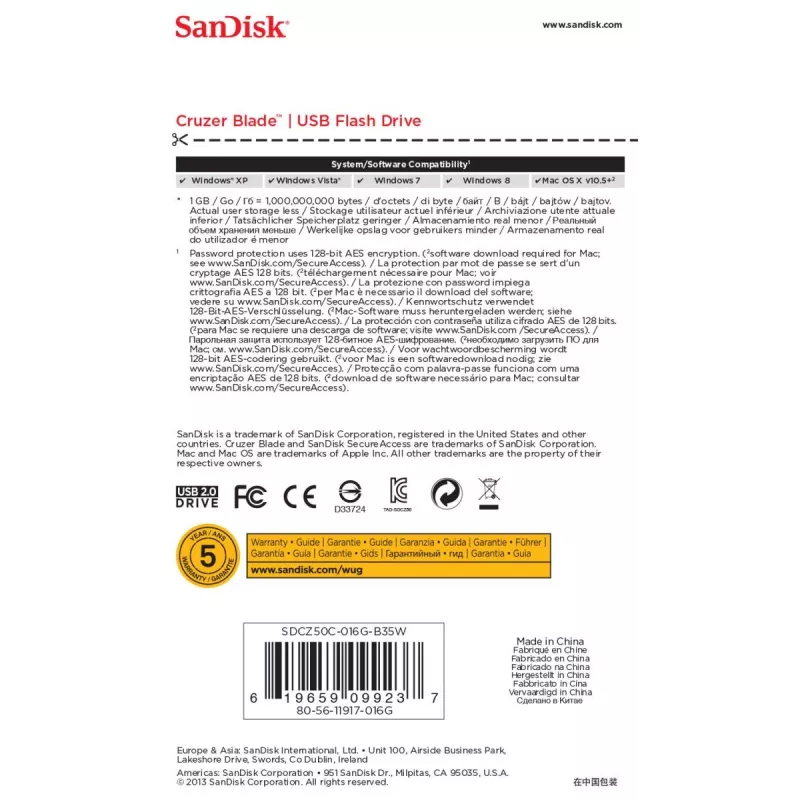 WESTERN DIGITAL SanDisk Cruzer Blade - memoria USB de 16 GB - USB 2.0 - Blanco