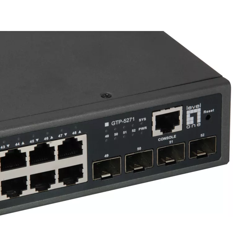 LevelOne switch Gigabit PoE gestionado L3 Lite de 52 puertos, 4 x 10GbE SFP+, 48 salidas PoE, presupuesto de potencia PoE de 400W
