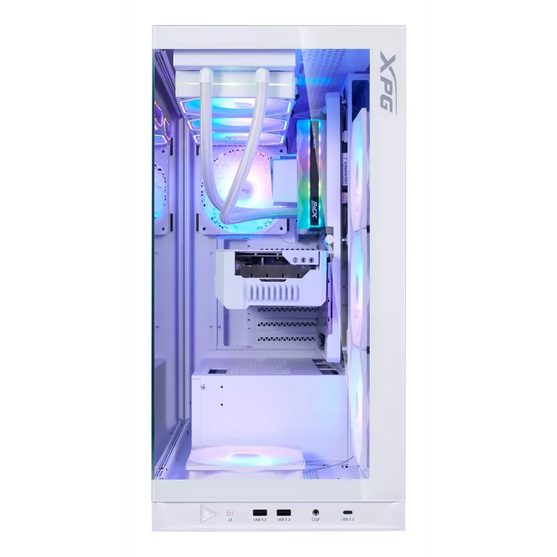 XPG Invader X BTF caja de PC Midi Tower, ATX/Micro-ATX/Mini-ITX, panel lateral transparente, 5 ventiladores ARGB de 120 mm, USB-C, sin fuente de alimentación, blanca
