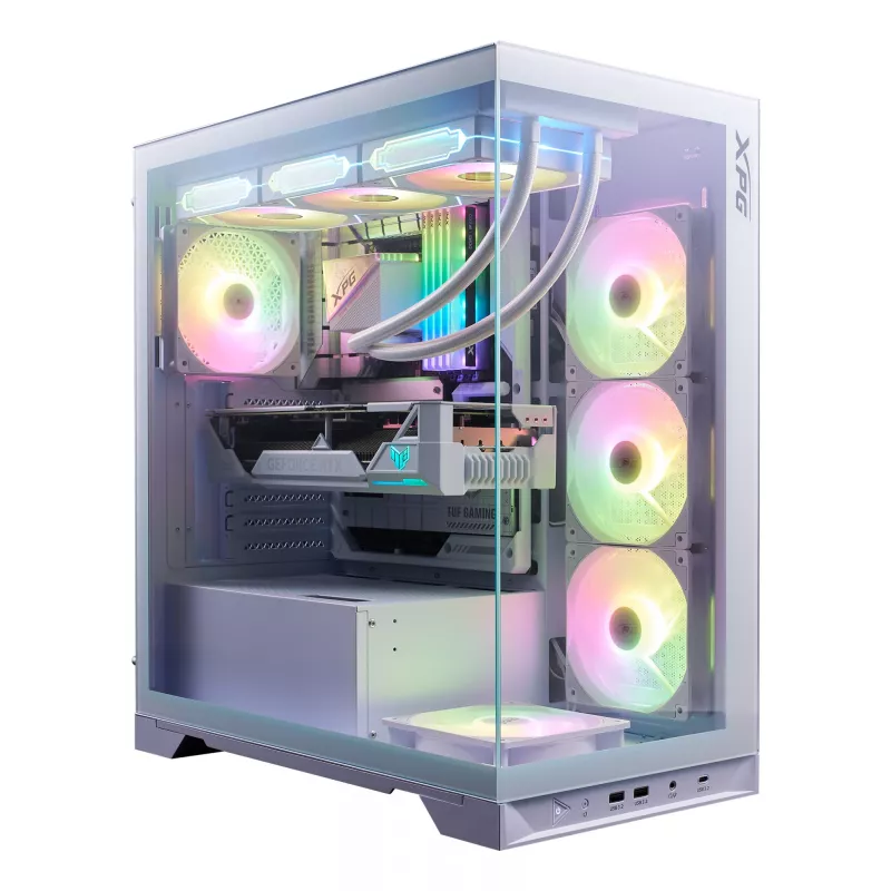 XPG Invader X BTF caja de PC Midi Tower, ATX/Micro-ATX/Mini-ITX, panel lateral transparente, 5 ventiladores ARGB de 120 mm, USB-C, sin fuente de alimentación, blanca