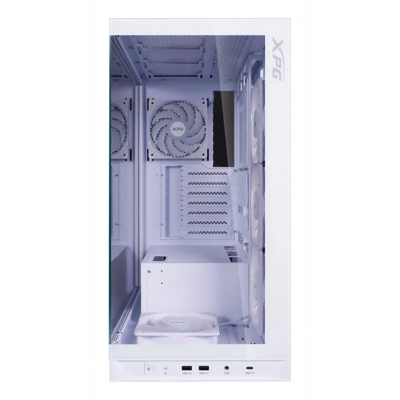 XPG Invader X BTF caja de PC Midi Tower, ATX/Micro-ATX/Mini-ITX, panel lateral transparente, 5 ventiladores ARGB de 120 mm, USB-C, sin fuente de alimentación, blanca