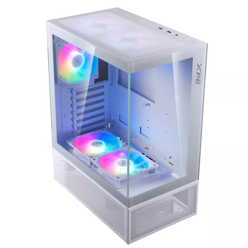 XPG Invader X Mini caja de PC Midi Tower, ATX/Micro-ATX/Mini-ITX, paneles de cristal, 5 ventiladores ARGB de 120 mm, USB-C, sin fuente de alimentación, blanca