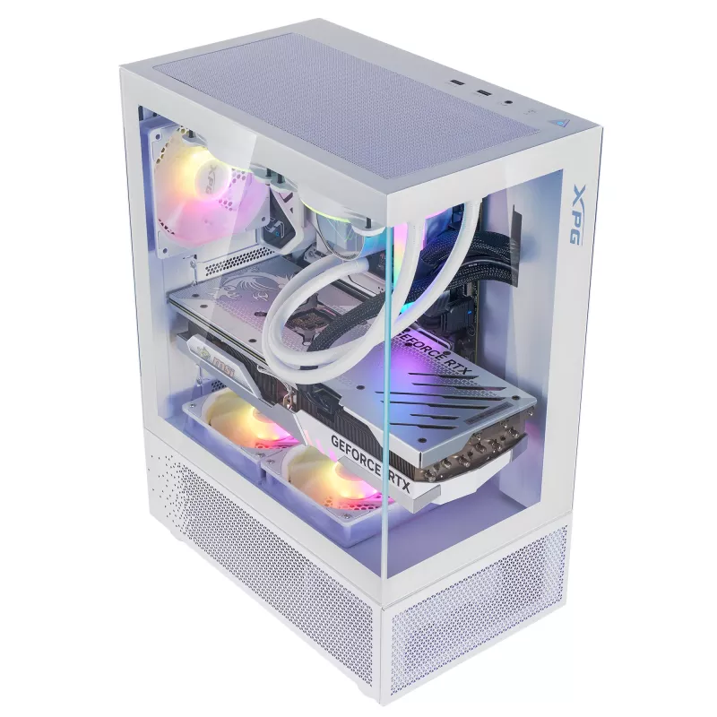 XPG Invader X Mini caja de PC Midi Tower, ATX/Micro-ATX/Mini-ITX, paneles de cristal, 5 ventiladores ARGB de 120 mm, USB-C, sin fuente de alimentación, blanca