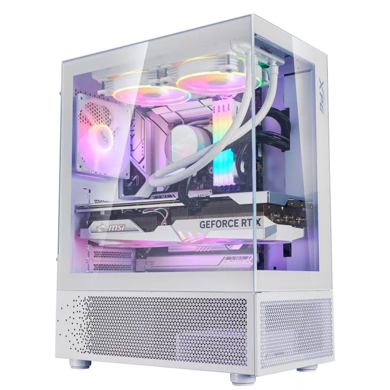 XPG Invader X Mini caja de PC Midi Tower, ATX/Micro-ATX/Mini-ITX, paneles de cristal, 5 ventiladores ARGB de 120 mm, USB-C, sin fuente de alimentación, blanca