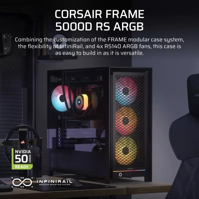 Caja para PC CORSAIR FRAME 5000D RS ARGB semitorre negra — ATX, compatible con 3 ventiladores frontales de 140mm, unidades de 2,5/3,5