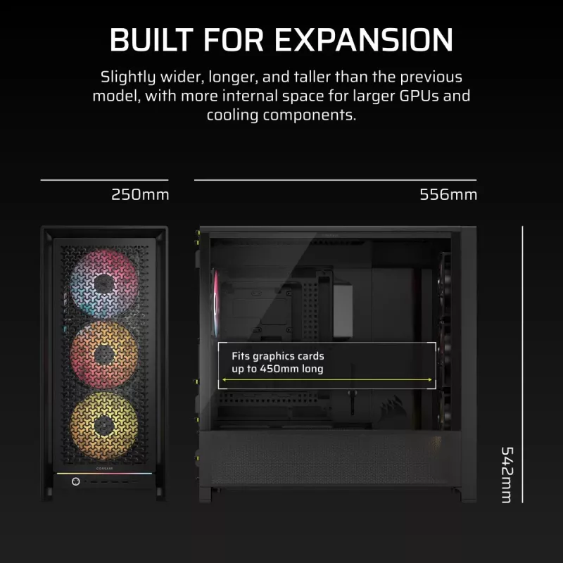 Caja para PC CORSAIR FRAME 5000D RS ARGB semitorre negra — ATX, compatible con 3 ventiladores frontales de 140mm, unidades de 2,5/3,5