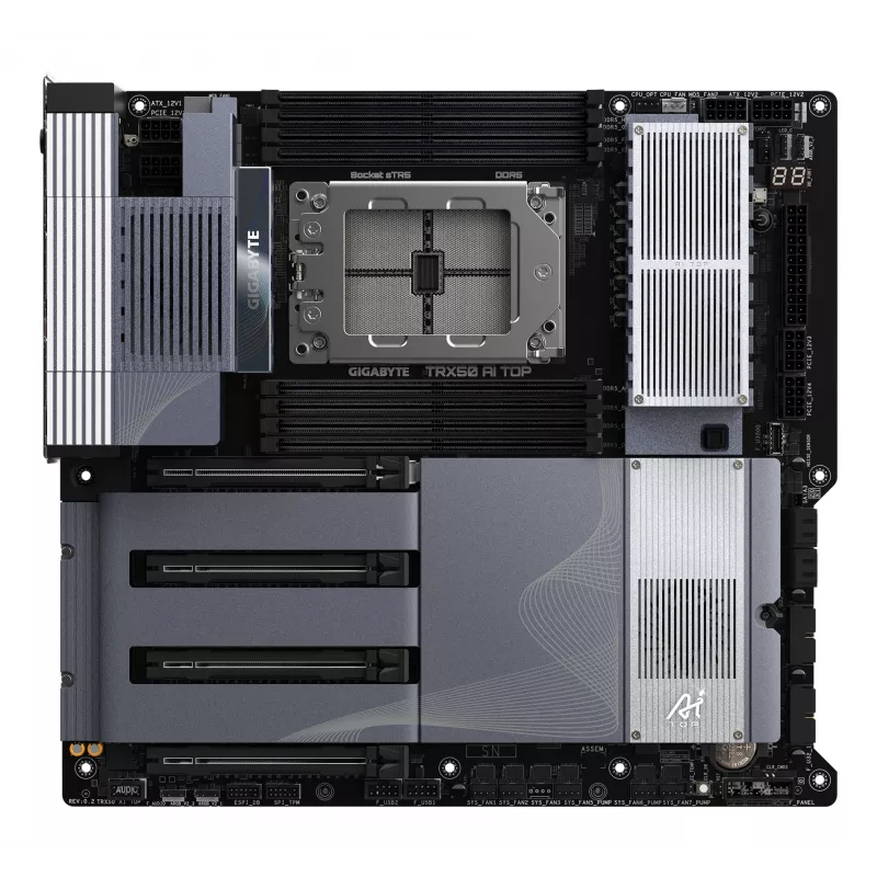 Placa base GIGABYTE TRX50 AI TOP-2B - CPU AMD Ryzen Threadripper PRO 7000, VRM digital 16+8+4 fases, hasta 5200 MHz DDR5, 4xPCIe 5.0 M.2, Wi-Fi 7, 10 GbE LAN, USB 4