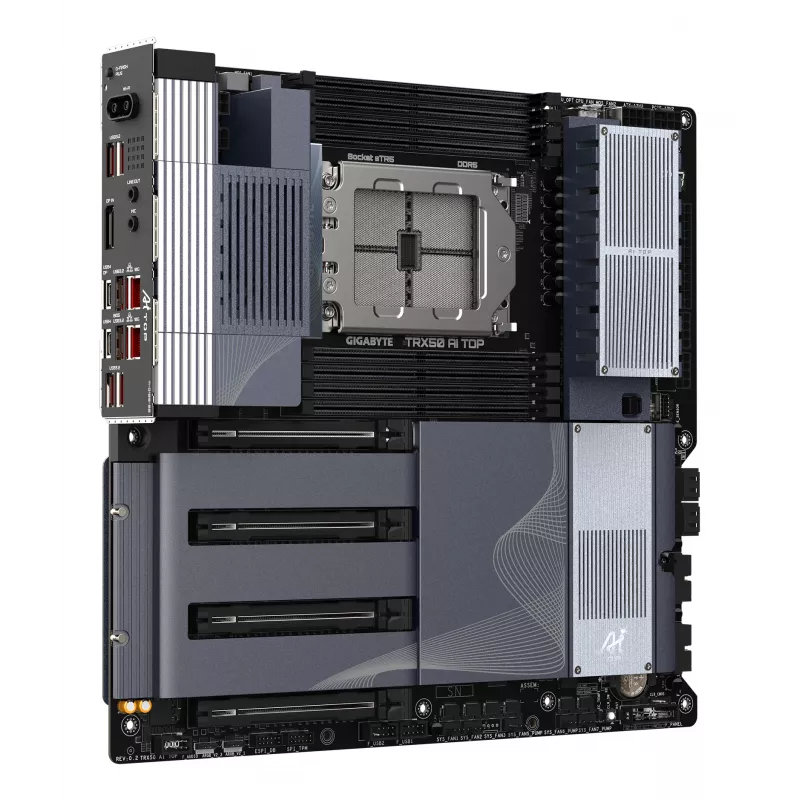 Placa base GIGABYTE TRX50 AI TOP-2B - CPU AMD Ryzen Threadripper PRO 7000, VRM digital 16+8+4 fases, hasta 5200 MHz DDR5, 4xPCIe 5.0 M.2, Wi-Fi 7, 10 GbE LAN, USB 4