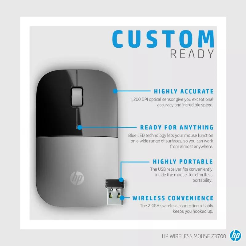 HP Z3700 Blue Ratón inalámbrico, ambidiestro, óptico, RF Wireless, 1200 DPI, Azul