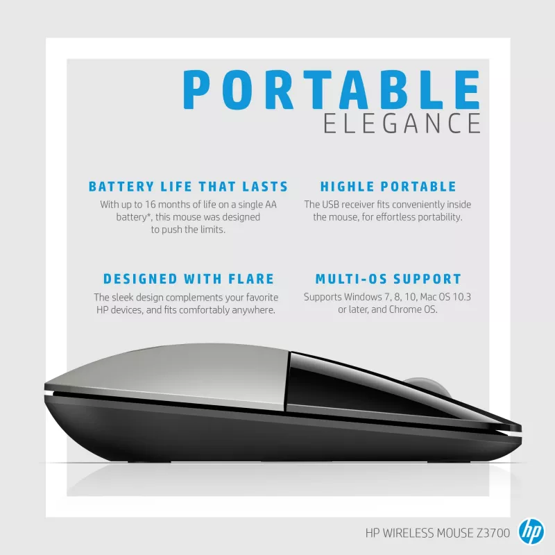 HP Z3700 Blue Ratón inalámbrico, ambidiestro, óptico, RF Wireless, 1200 DPI, Azul
