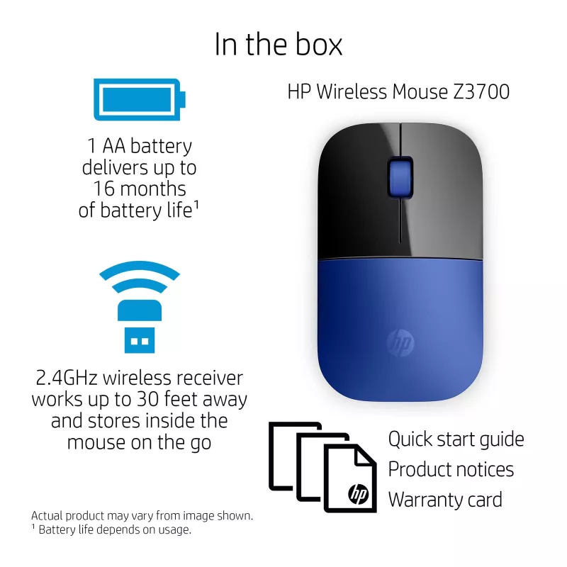 HP Z3700 Blue Ratón inalámbrico, ambidiestro, óptico, RF Wireless, 1200 DPI, Azul