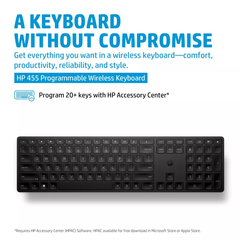 HP 455 Teclado inalámbrico programable, Tamaño completo (100%), inalámbrico, RF Wireless, Membrana, Negro