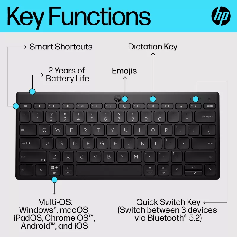 Teclado Bluetooth compacto HP 355 – teclas mecánicas inalámbricas, negro, 0,34 kg